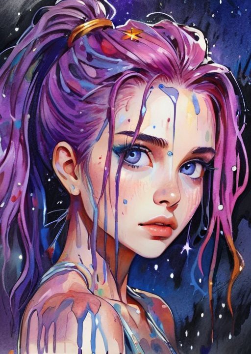 (masterpiece), 8k, very wide shot, volumetrics dtx, portrait, melting into a magical puddle of stars, beautiful eyes, (dre...